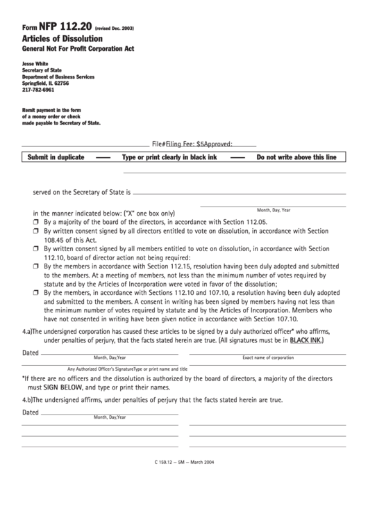 Fillable Form Nfp 112.20 - Articles Of Dissolution - 2003 Printable pdf