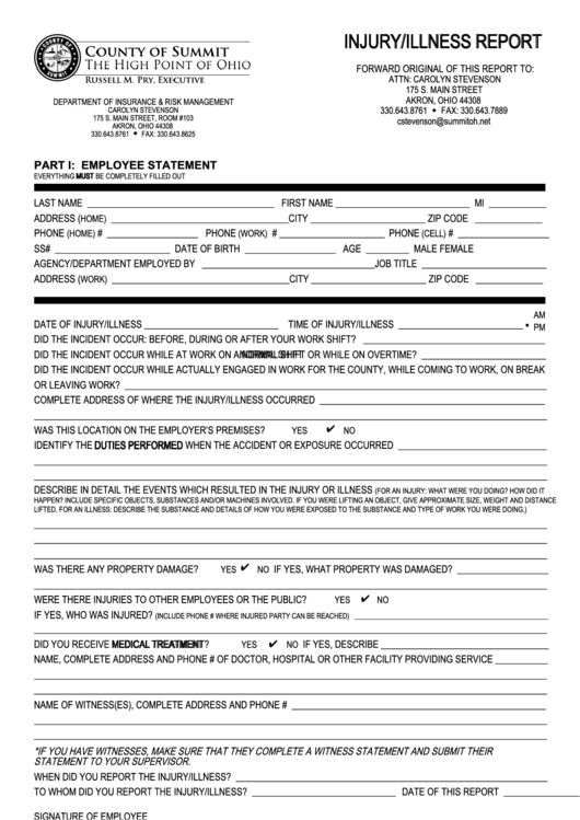 Fillable Injury/illness Report Form - Ohio Department Of Insurance & Risk Management Printable pdf