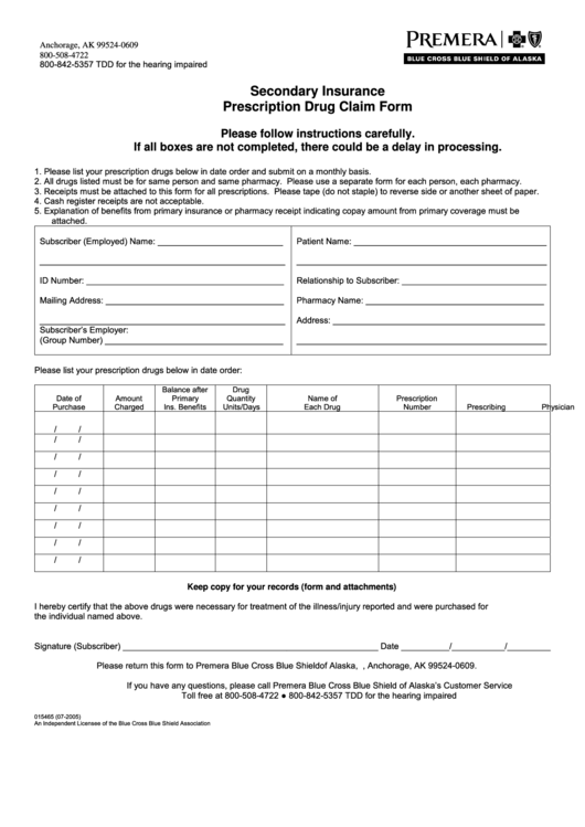 Secondary Insurance Prescription Drug Claim Form - Blue Cross Blue Shield Of Alaska Printable pdf