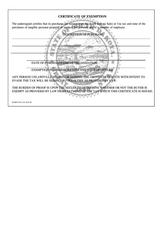 Fillable Certificate Of Exemption Form Printable pdf