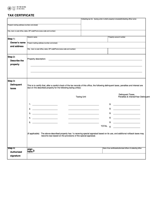 Form 50-182 - Tax Certificate - 1993 Printable pdf