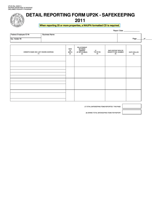 Fillable Form Up-2k - Detail Reporting - Safekeeping - 2011 Printable pdf