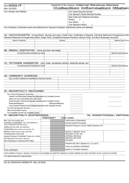 Fillable Form 433-F - Collection Information Statement - 2003 Printable pdf