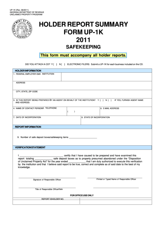 Fillable Form Up-1k - Holder Report Summary - Safekeeping - 2011 Printable pdf
