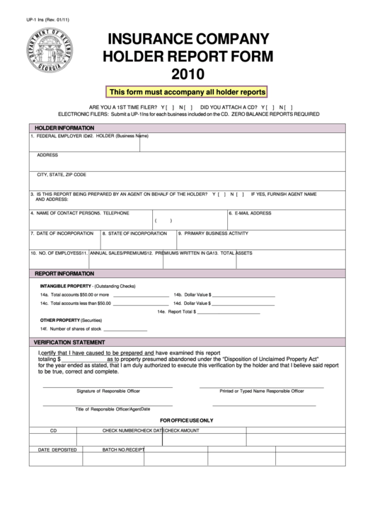 Fillable Form Up-1 Ins - Insurance Company Holder Report Form - 2010 Printable pdf