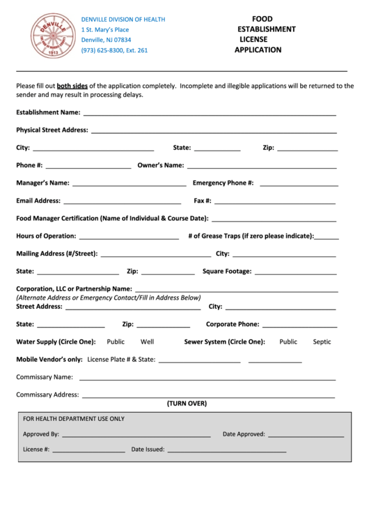 Fillable Food Establishment License Application Form - Denville Division Of Health Printable pdf