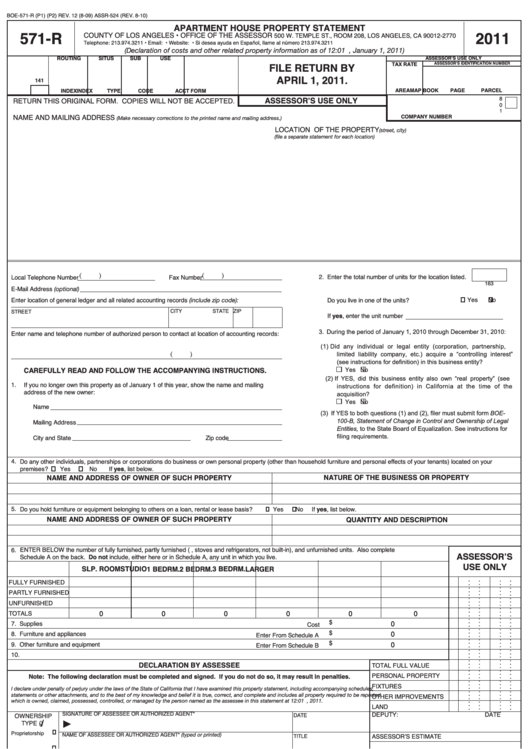 Fillable Form 571-R - Apartment House Property Statement - 2011 Printable pdf