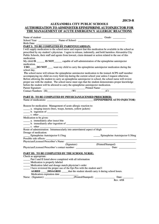 Form Jhcd-R - Authorization To Administer Epinephrine Autoinjector For The Management Of Acute Emergency Allergic Reactions - Alexandria City Public Schools Printable pdf