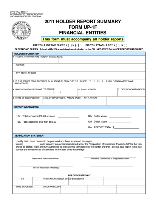 Fillable Form Up-1f - 2011 Holder Report Summary - Financial Entities Printable pdf
