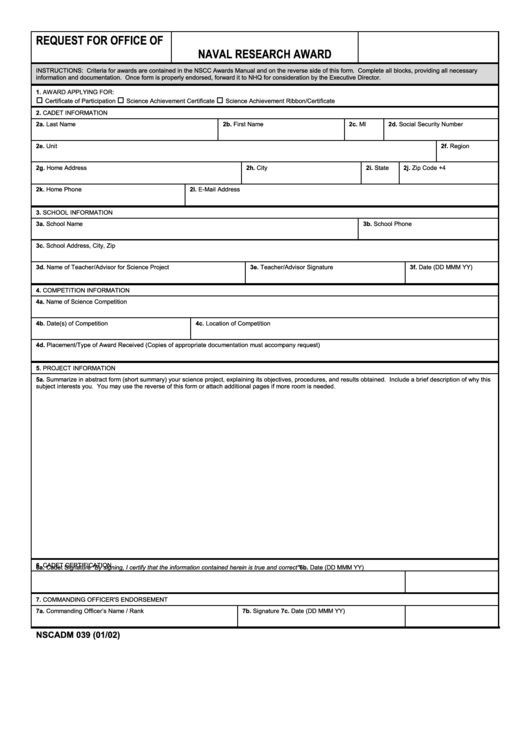 Form Nscadm 039 - Request For Office Of Naval Research Award - U.s. Navy League Cadet Corps Printable pdf
