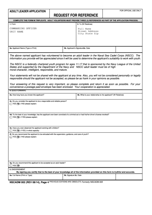 Fillable Form Nscadm 002 - Adult Leader Application Request For Reference - U.s. Navy League Cadet Corps Printable pdf