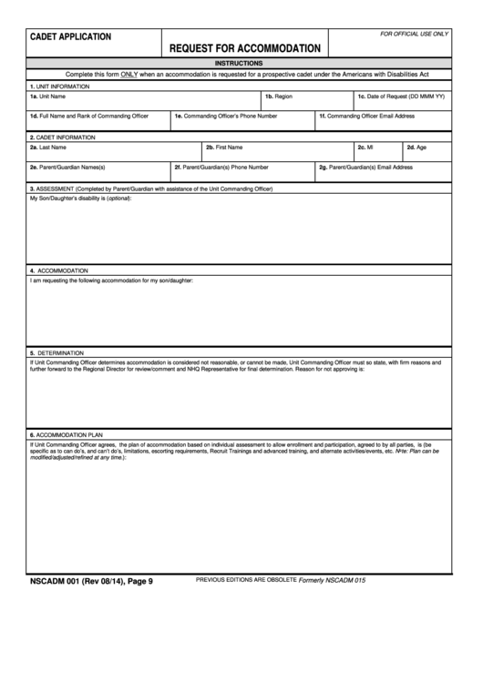 Fillable Form Nscadm 001 - Cadet Application Request For Accommodation - U.s. Navy League Cadet Corps Printable pdf