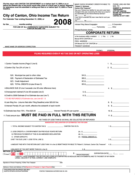 Ohio Income Tax Return - City Of Canton - 2008 Printable pdf