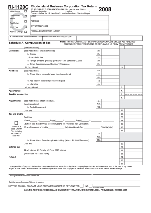 Form Ri-1120c - Rhode Island Business Corporation Tax Return - 2008 Printable pdf