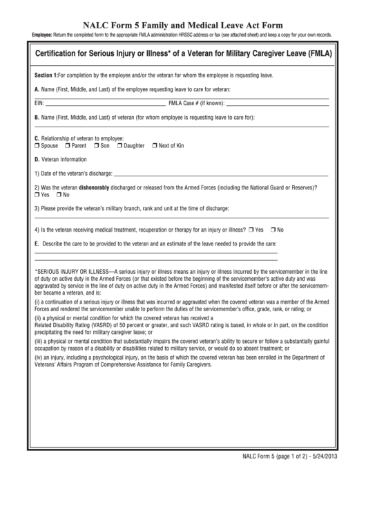 Nalc Form 5 - Certification For Serious Injury Or Illness Of A Veteran For Military Caregiver Leave (Fmla) Printable pdf