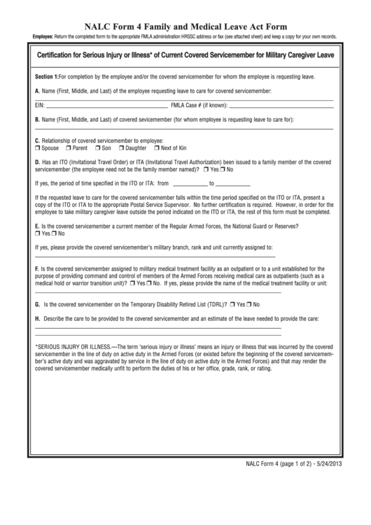 Nalc Form 4 - Family And Medical Leave Act Form - Certification For Serious Injury Or Illness Of Current Covered Servicemember For Military Caregiver Leave Printable pdf