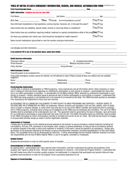 Ymca Of Metro Atlanta Emergency Information, Waiver, And Medical Authorization Form Printable pdf