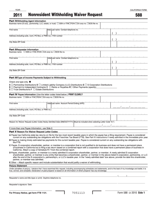 Fillable California Form 588 - Nonresident Withholding Waiver Request - 2011 Printable pdf