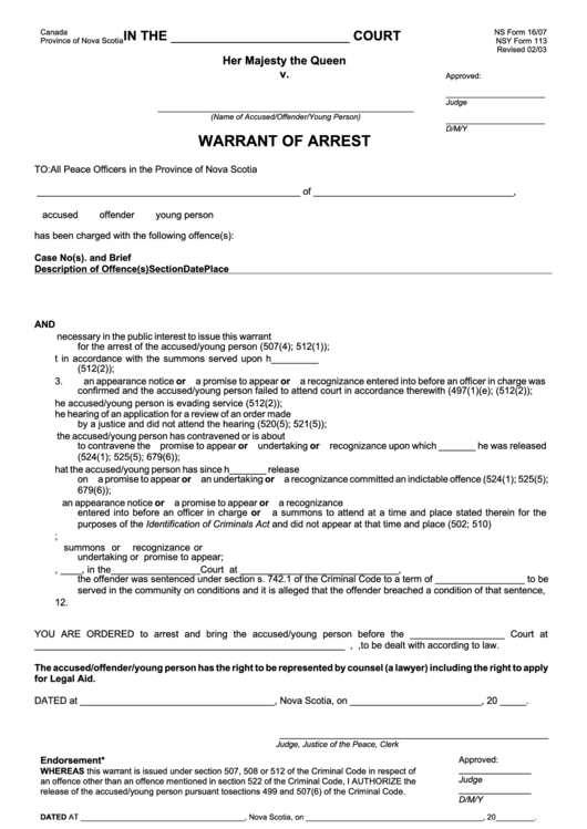 Nsy Form 113 - Warrant Of Arrest - Nova Scotia, Canada Printable pdf