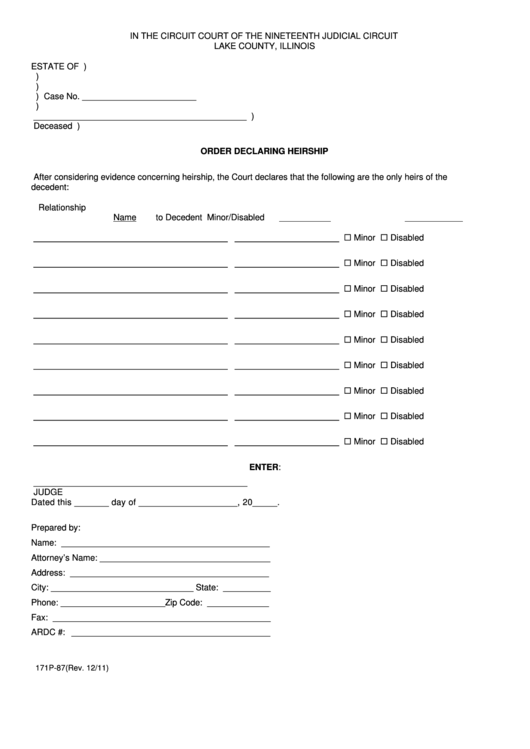 Fillable Order Declaring Heirship Form - Lake County, Illinois Printable pdf