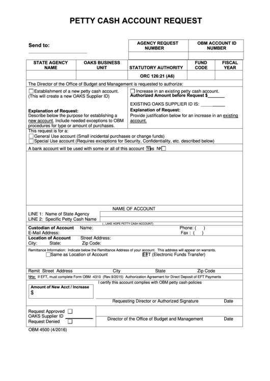 Fillable Form Obm 4500 - Petty Cash Account Request -Ohio Printable pdf