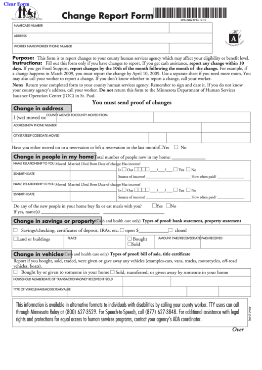 Change Report Form - Minnesota Department Of Human Services