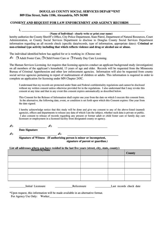 Consent And Request For Law Enforcement And Agency Records Form - Douglas County Social Services Department Printable pdf