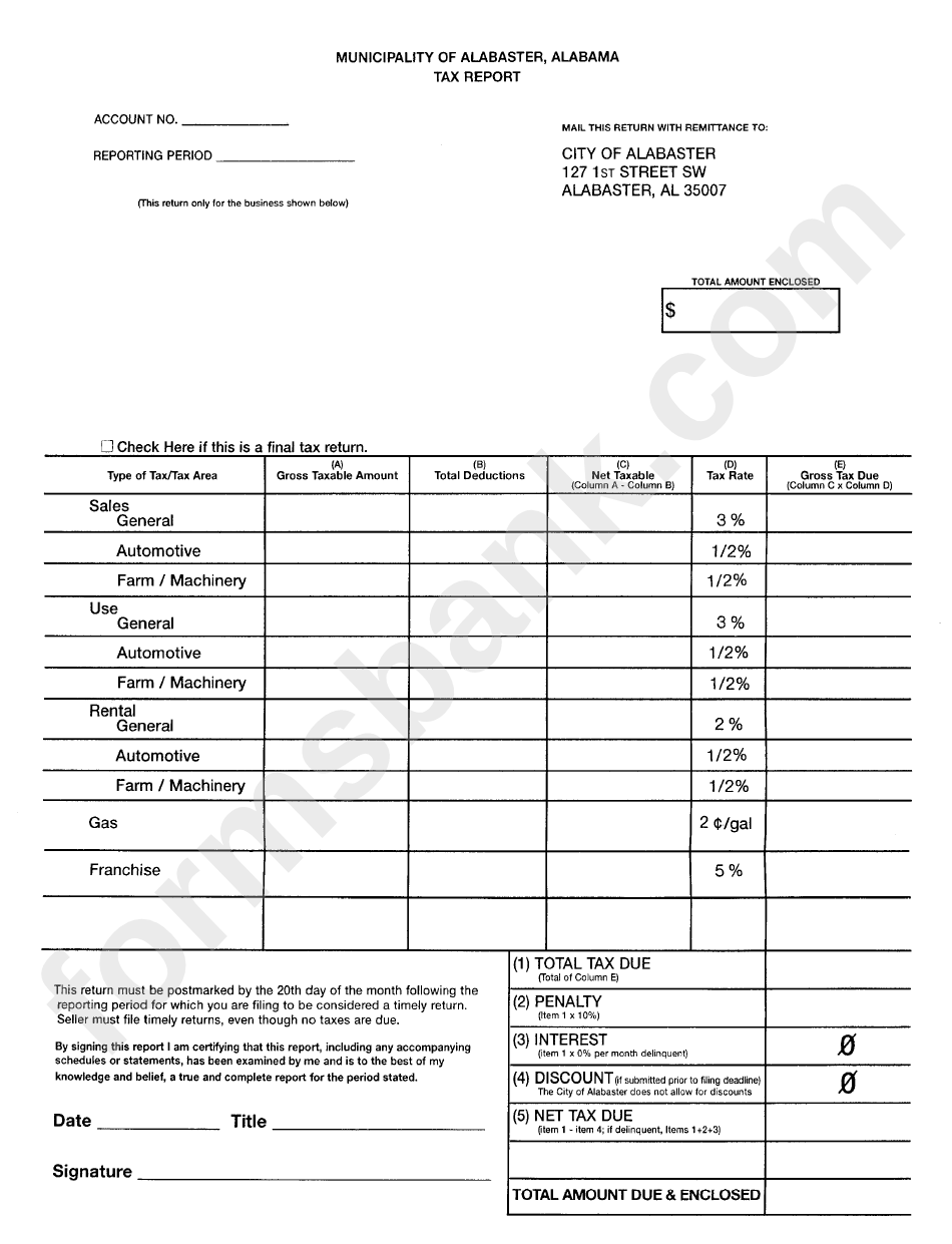 Municipality Of Alabaster Tax Report Form