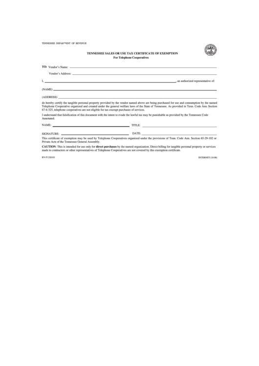 Form Rv-F1320101 - Tennessee Sales Or Use Tax Certificate Of Exemption October 2008 Printable pdf