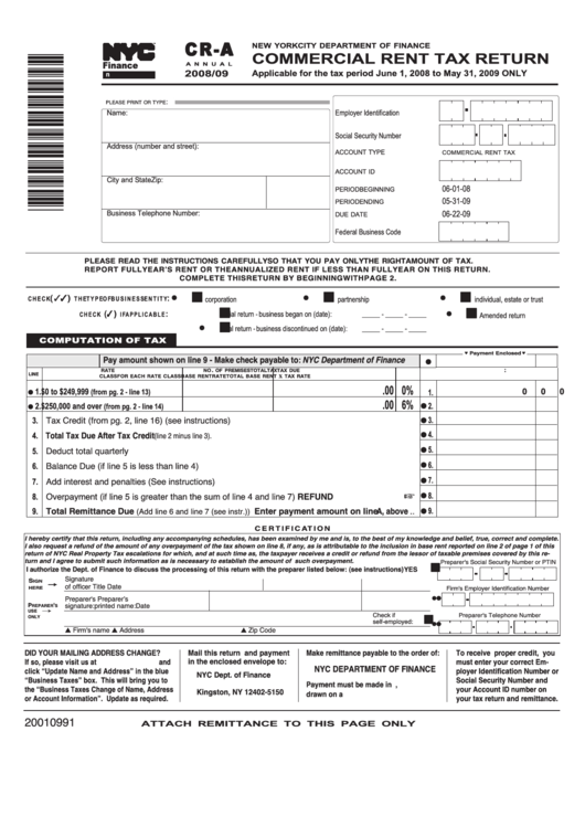 Form Cr-A - Commercial Rent Tax Return - 2008/09 Printable pdf