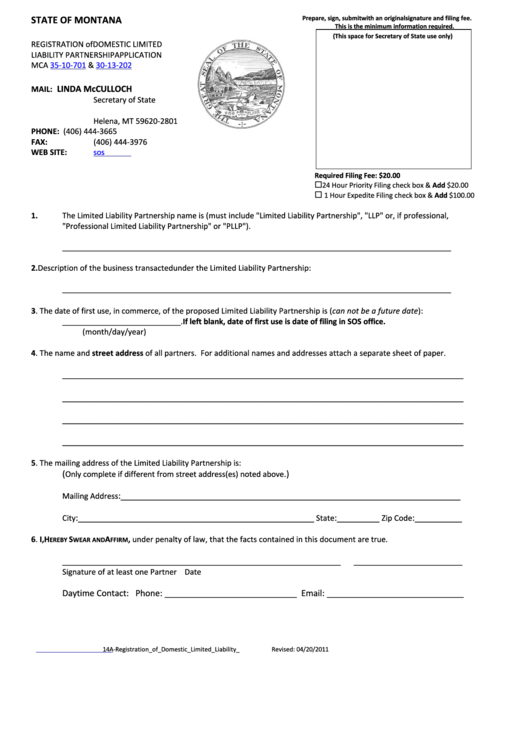 Registration Of Domestic Limited Liability Partnership Application - 2011 Printable pdf