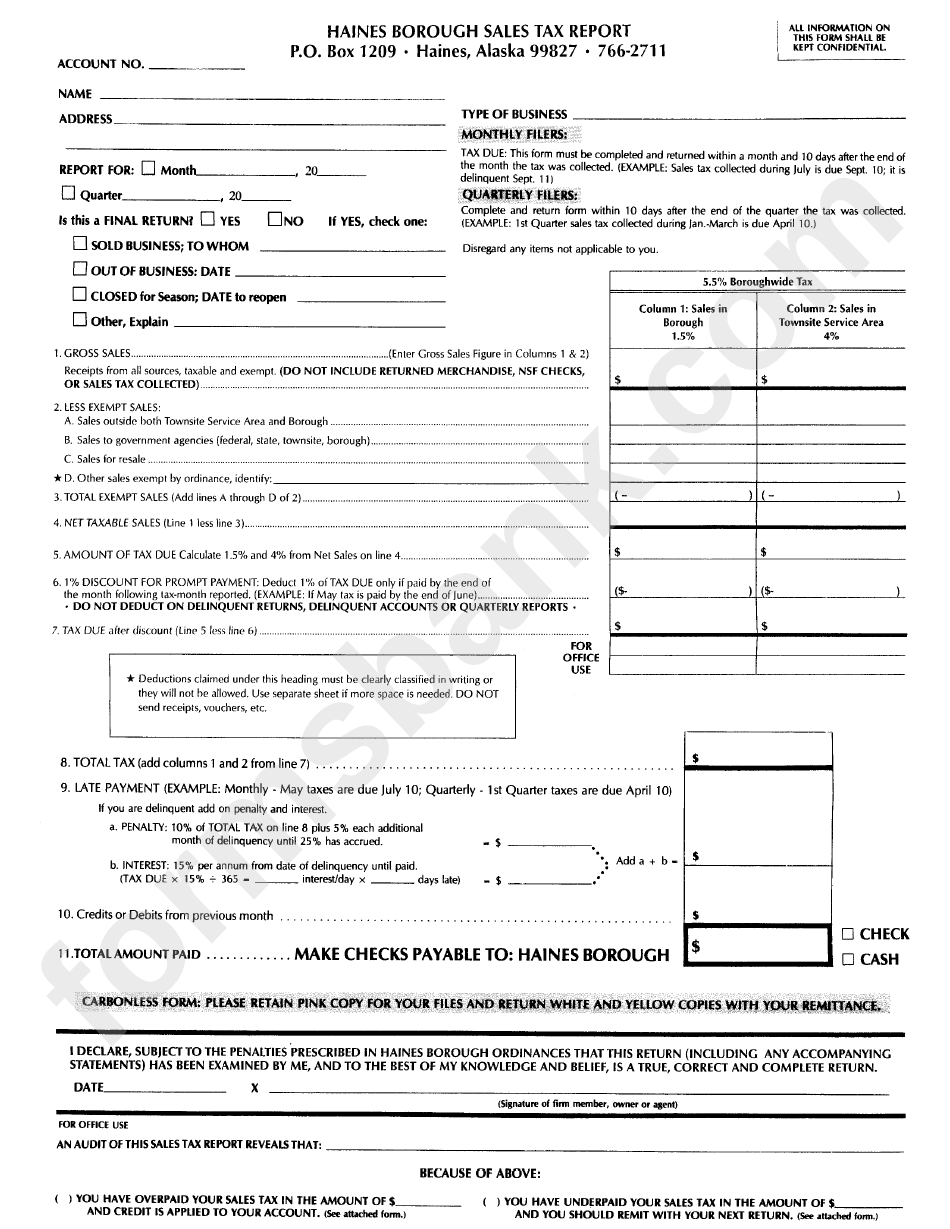 Haines Borough Sales Tax Report Form October 2002