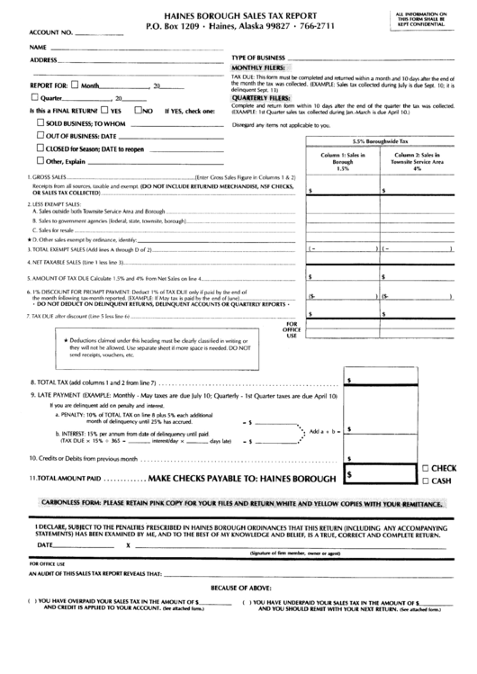 Haines Borough Sales Tax Report Form October 2002 Printable pdf