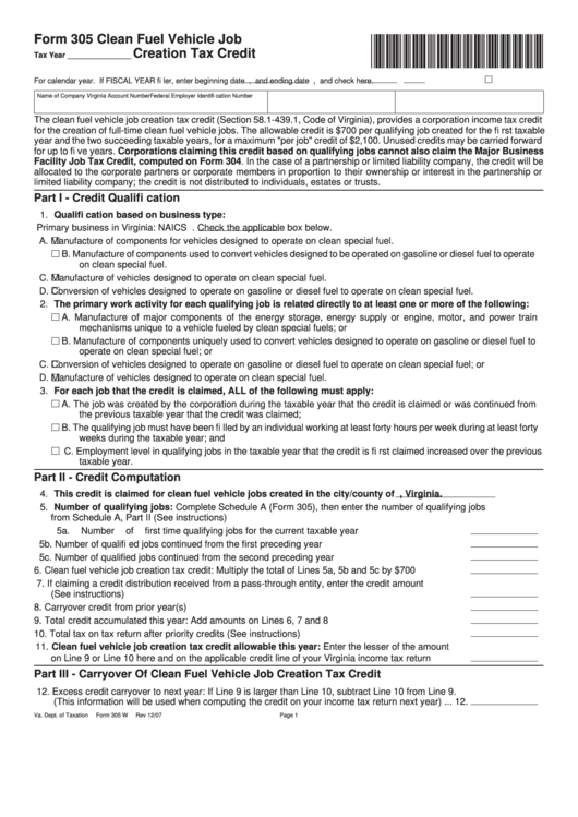 Form 305 - Clean Fuel Vehicle Job Creation Tax Credit - 2007 Printable pdf