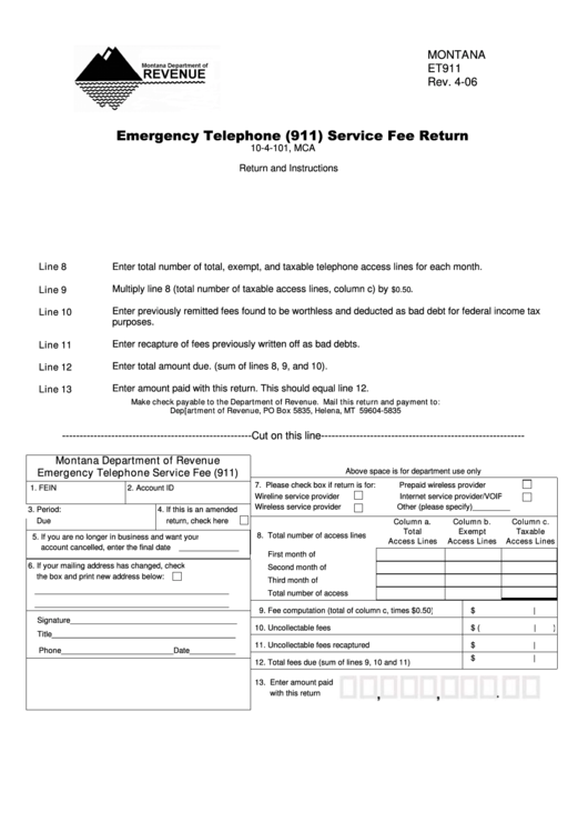 Form Et911 - Emergency Telephone (911) Service Fee Return April 2006 Printable pdf