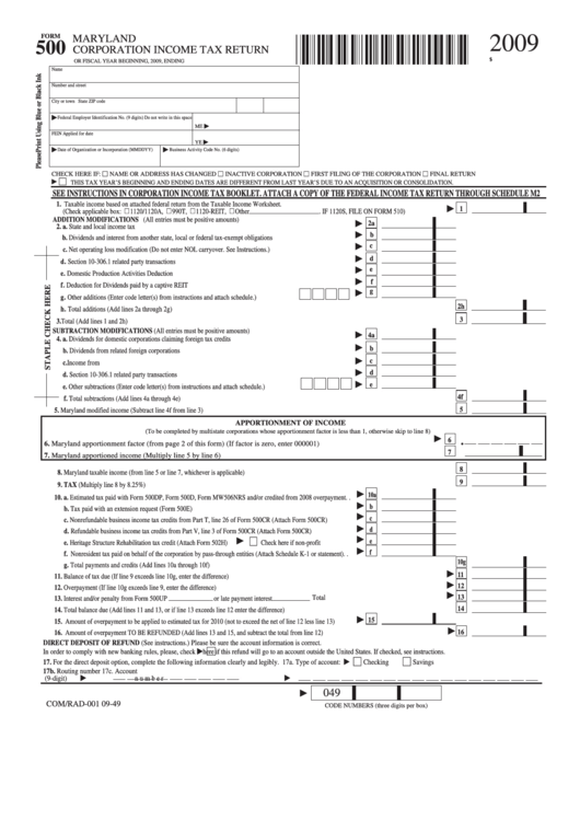 Fillable Form 500 - Maryland Corporation Income Tax Return - 2009 Printable pdf
