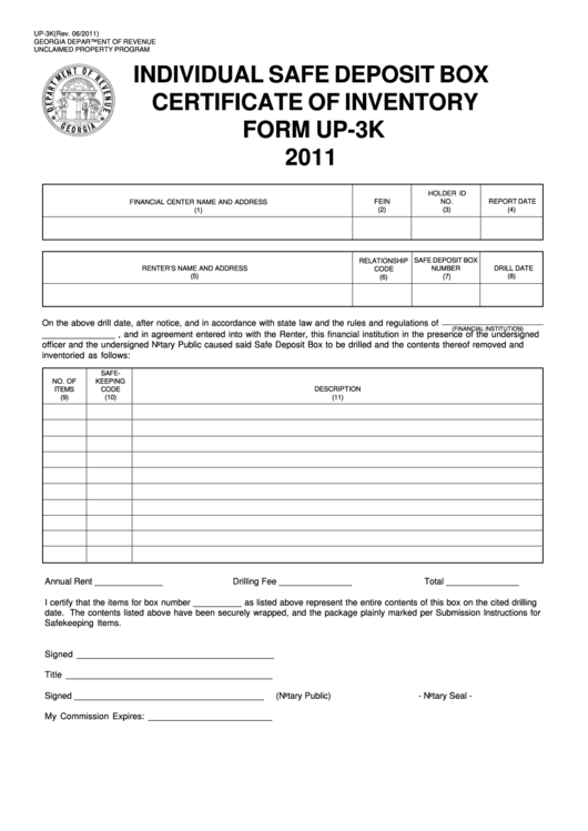 Fillable Form Up-3k - Individual Safe Deposit Box Certificate Of Inventory - 2011 Printable pdf