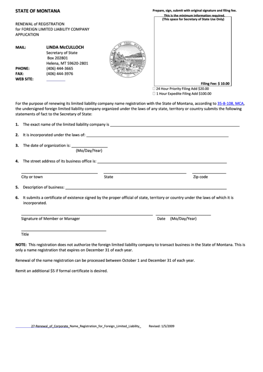 Renewal Of Registration For Foreign Limited Liability Company Application - Montana Secretary Of State Printable pdf