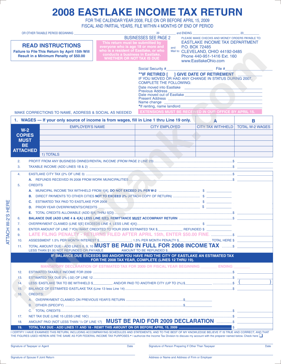 2008 Eastlake Income Tax Return Form - Cleveland - Ohio