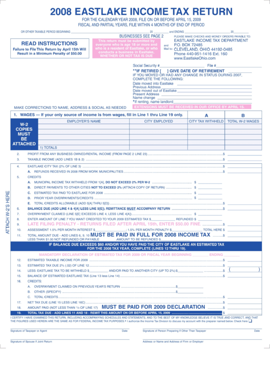 2008 Eastlake Income Tax Return Form - Cleveland - Ohio Printable pdf
