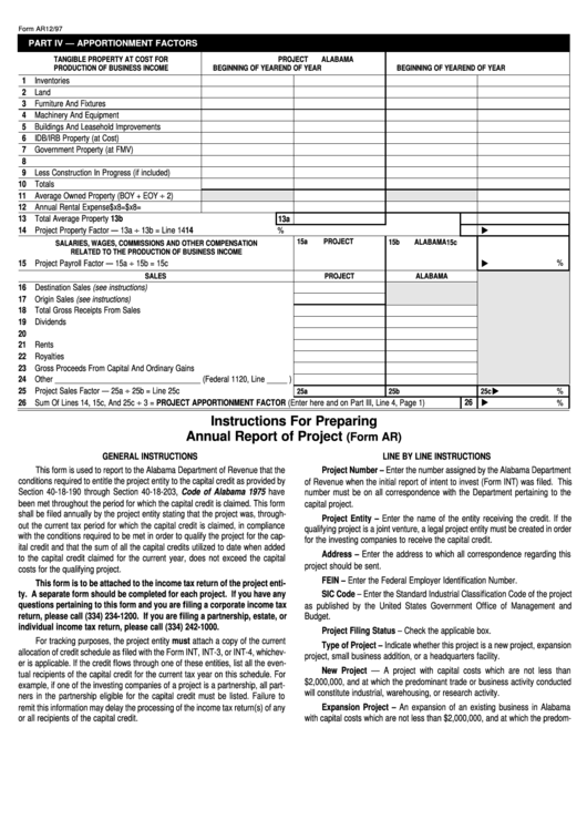 Instructions For Preparing Annual Report Of Project (Form Ar) - Alabama Department Of Revenue 2007 Printable pdf