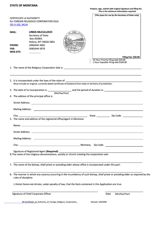 Certificate Of Authority For Foreign Religious Corporation Sole Form - Montana Secretary Of State Printable pdf