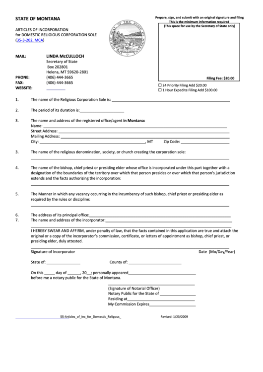 Articles Of Incorporation Form For Domestic Religious Corporation Sole - Montana Secretary Of State Printable pdf