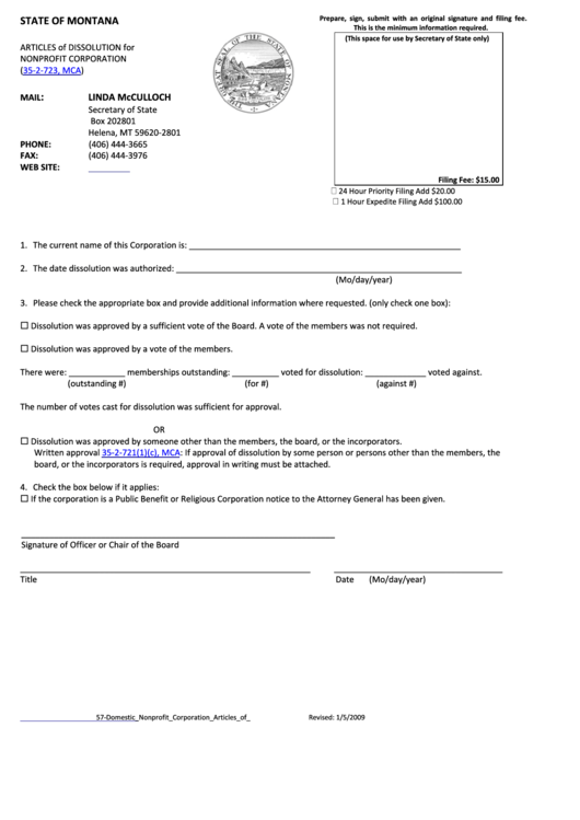Articles Of Dissolution Form For Nonprofit Corporation - Montana Secretary Of State Printable pdf