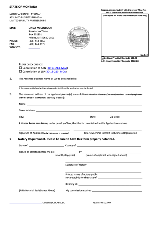 Notice Of Cancellation Form Of Assumed Business Name Or Limited Liability Partnerships - Montana - 2009 Printable pdf