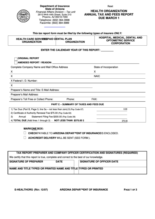 Fillable Form E-Healthorg - Health Organization Annual Tax And Fees Report - Department Of Insurance State Of Arizona Printable pdf