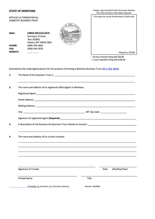Articles Of Formation Form For Domestic Business Trust - 2009 Printable pdf