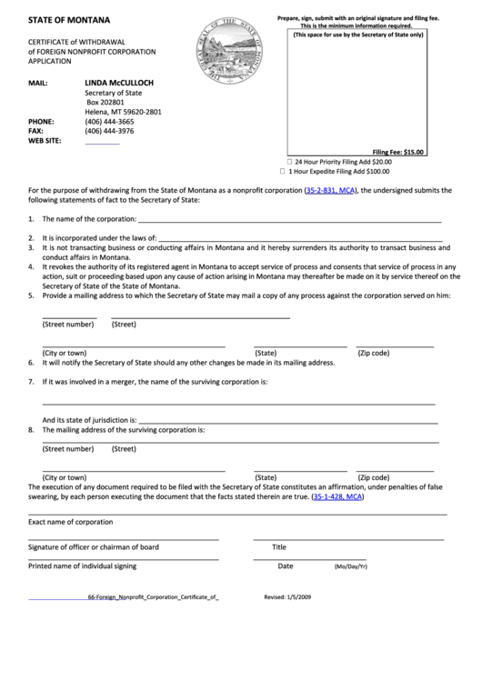 Application For Certificate Of Withdrawal Of Foreign Nonprofit Corporation Form - Mt Secretary Of State - 2009 Printable pdf