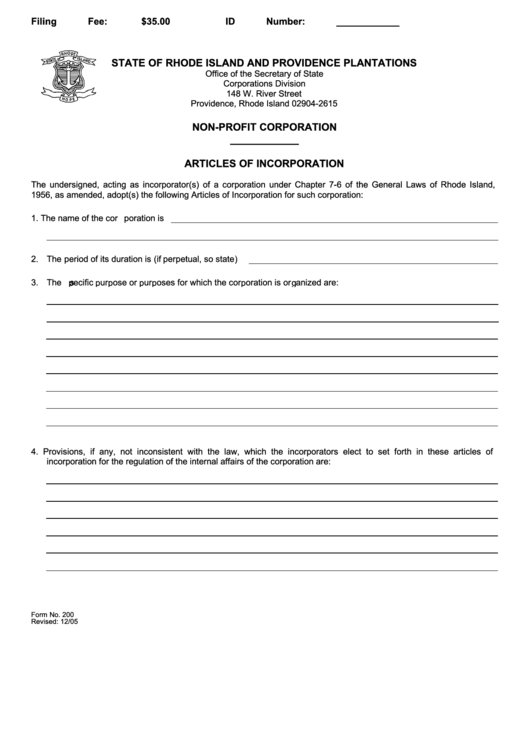Fillable Form No. 200 - Non-Profit Corporation - Articles Of Incorporation Printable pdf