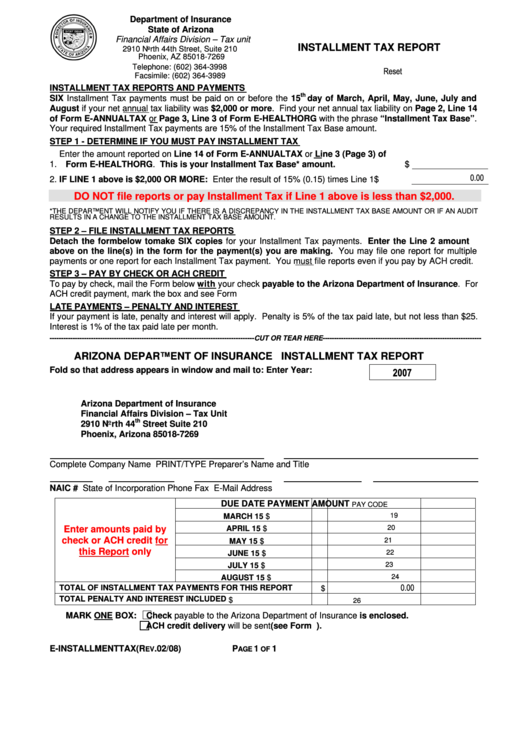 Fillable Installment Tax Report - Department Of Insurance - Arizona Printable pdf